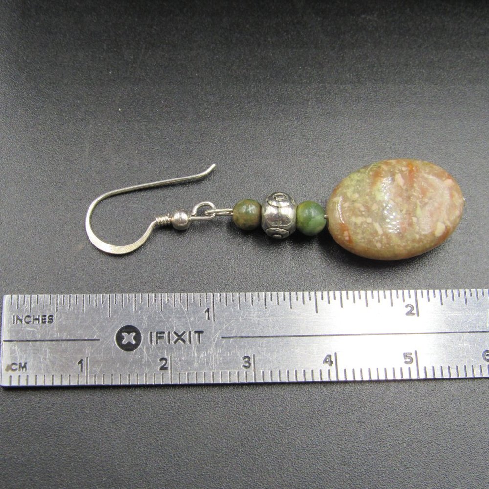 Sterling Silver Brown Speckled & Green Stone Earrings Vintage - Picture 4 of 5